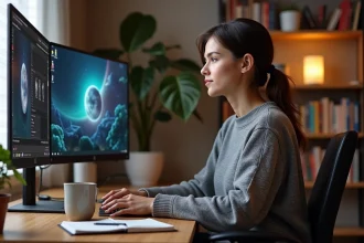 Femme analysant les gains potentiels du jeu mobile Eternal Lunesta sur son ordinateur de bureau