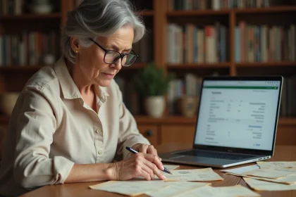 Femme consultant d'anciens relevés bancaires en francs sur une table en bois avec un ordinateur portable affichant un convertisseur francs euros