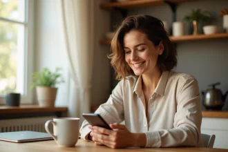Femme utilisant une application bancaire mobile sur smartphone pour gérer son compte CAFC depuis chez elle