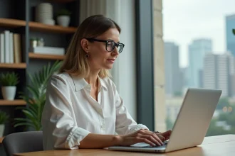 Femme travaillant sur un ordinateur dans un bureau moderne