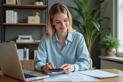 Femme d affaires examine documents de salaire dans son bureau