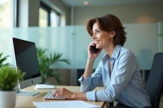Femme d'âge moyen au bureau parlant au téléphone
