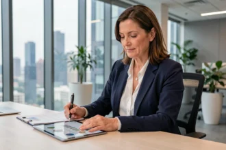 Femme cadre analysant un portefeuille immobilier SCPI sur tablette dans un bureau moderne