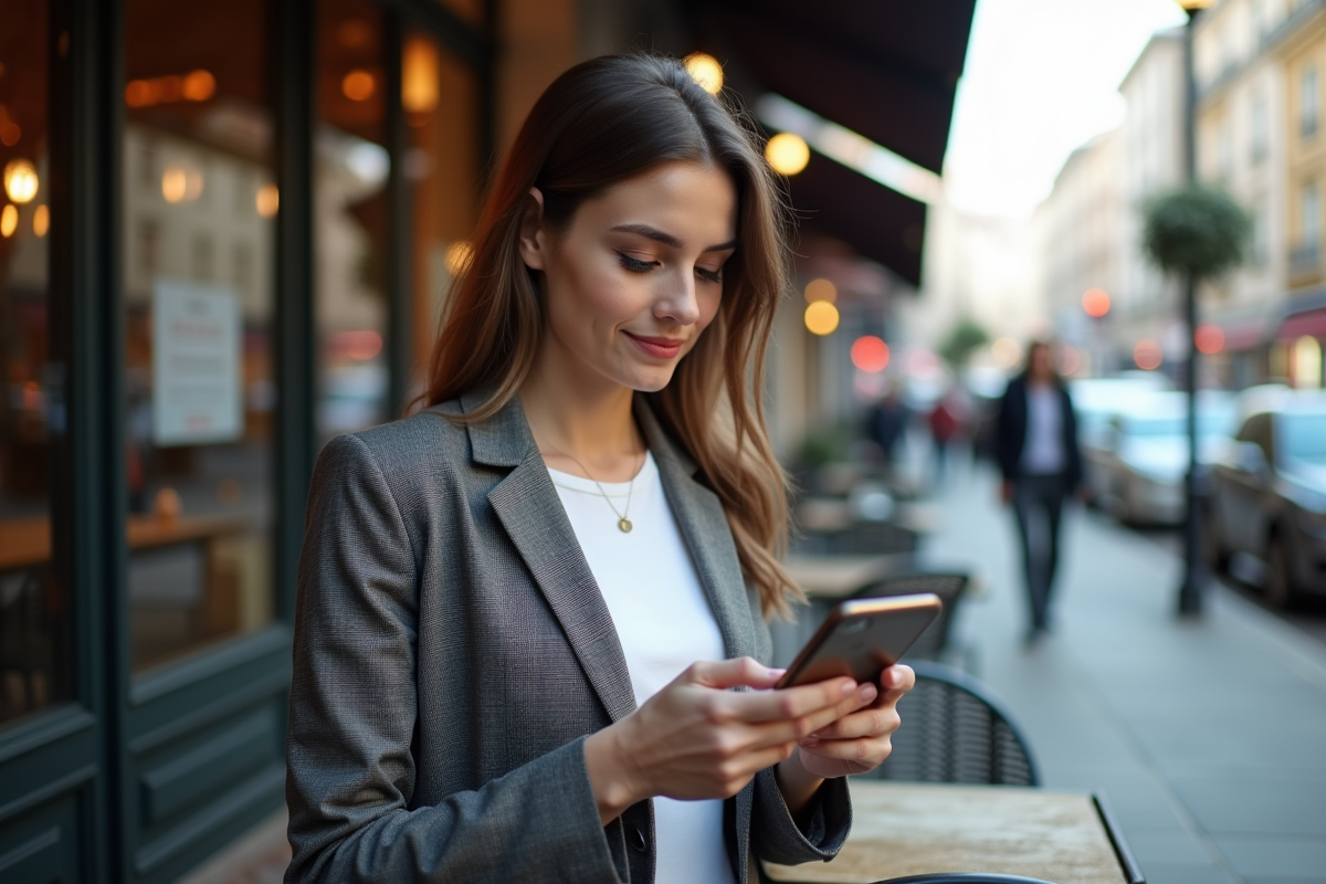 Femme regardant une application de cryptomonnaie sur smartphone au café