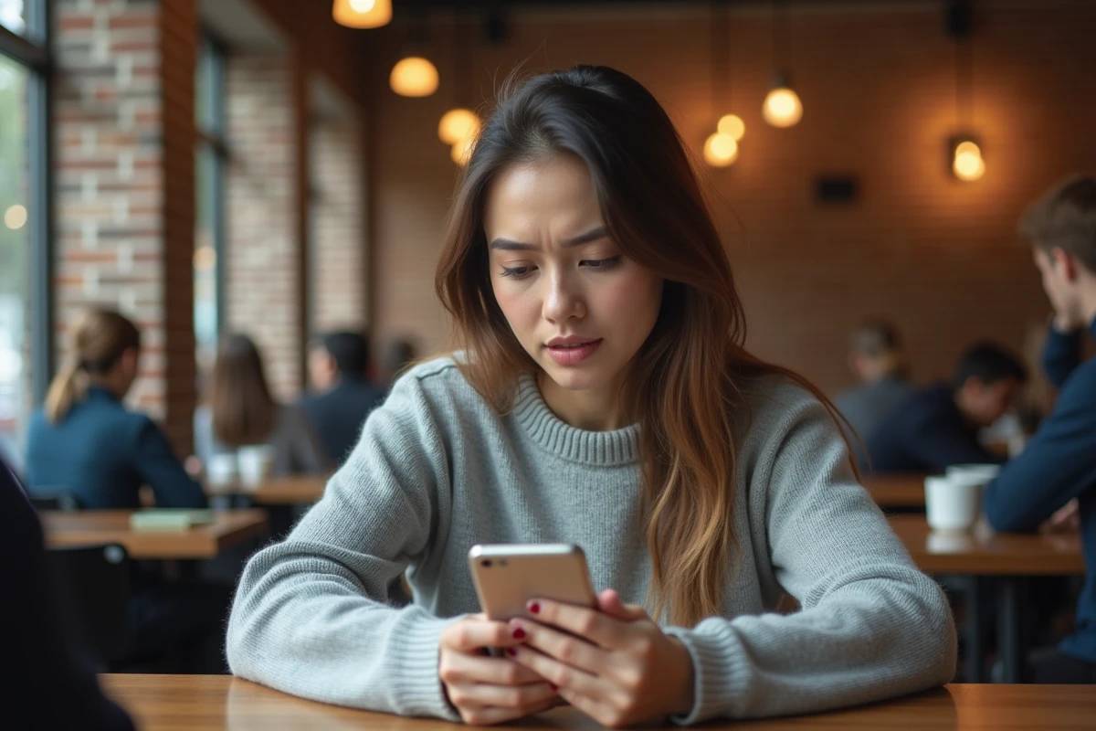 Femme regardant une application de cryptomonnaie sur smartphone au café