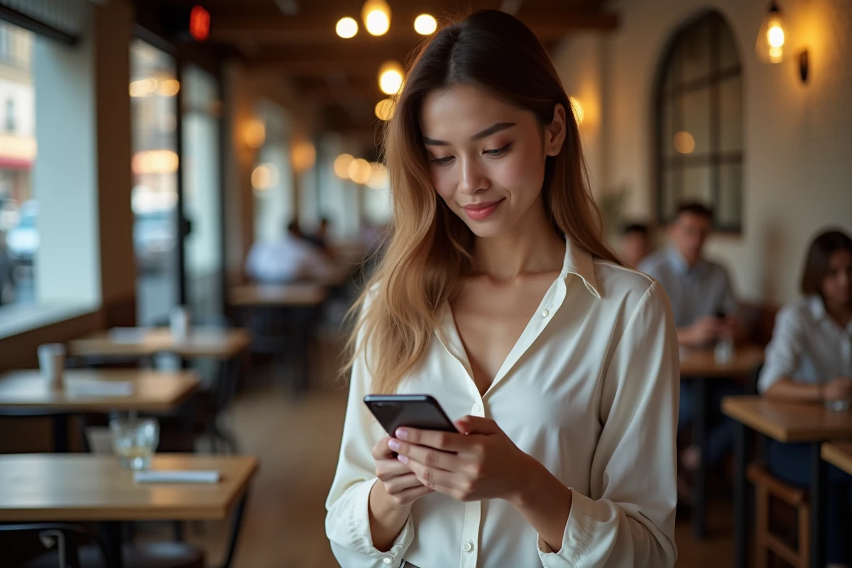 Jeune femme au smartphone dans un café urbain