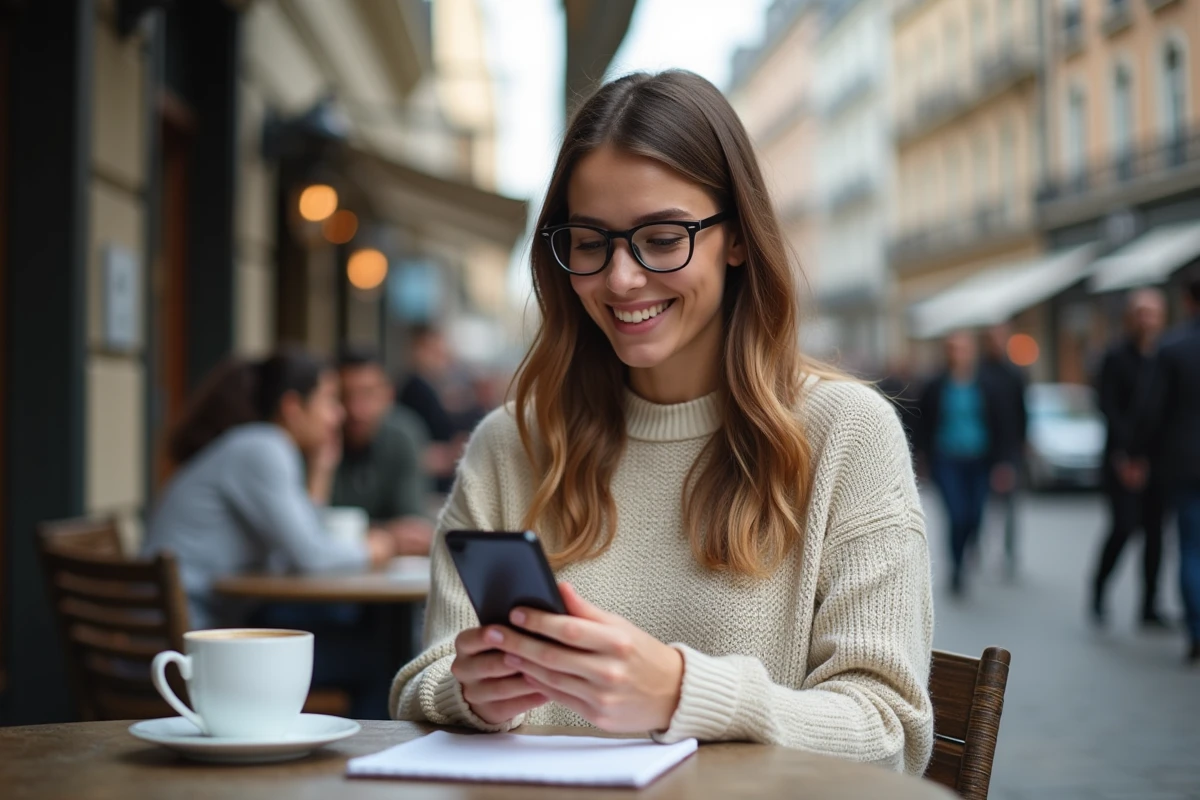 Jeune femme au café en ville vérifiant son téléphone