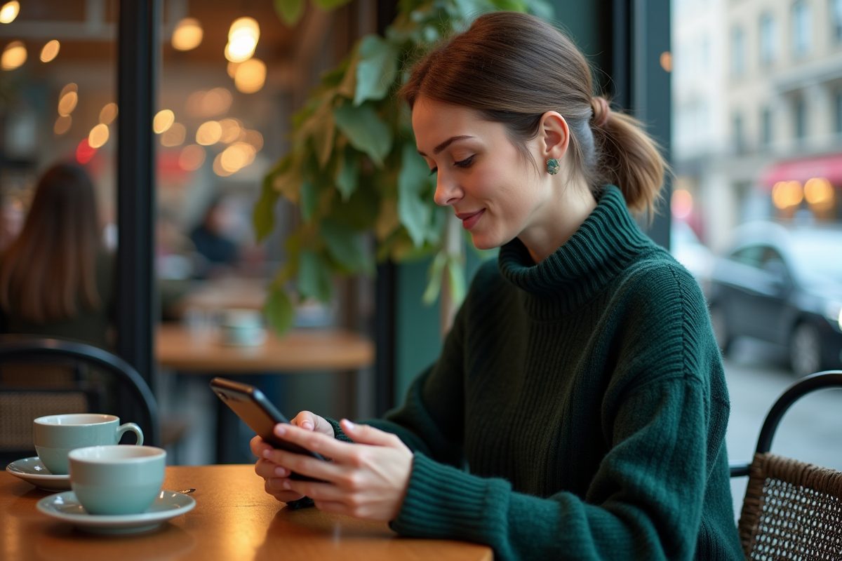 Femme utilisant son smartphone avec wallet crypto au café