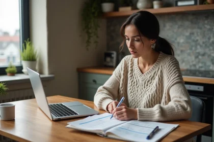 Femme assise à la cuisine calculant ses allocations chômage