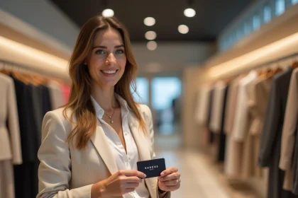 Femme tenant une carte cadeau Kadéos Infini dans une boutique de mode moderne aux tons neutres