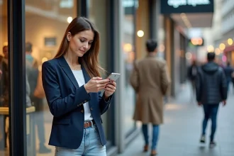 Femme consultant son smartphone devant un magasin avec une carte Cadhoc à la main