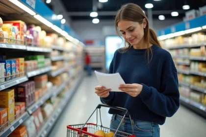 Femme tenant un chèque différé Leclerc dans un rayon de supermarché avec un panier de courses