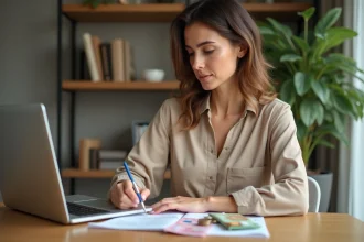 Femme comparant les taux de change dirham euro sur un ordinateur portable avec des billets marocains sur un bureau