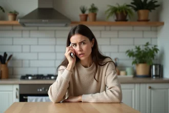 Femme inquiète au téléphone dans sa cuisine