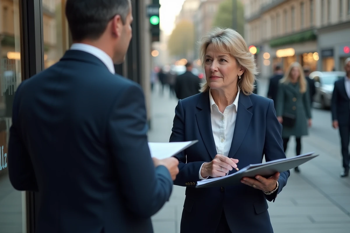 Femme dagee parle avec conseiller financier en ville