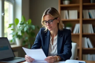 Femme consultant des documents d'assurance voyage Leclerc à son bureau à domicile