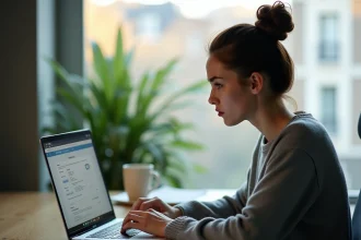 Femme consultant une facture Free impayée sur un ordinateur portable dans un bureau à domicile