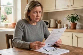 Femme de 45 ans lisant attentivement un contrat d'assurance accident à la maison, illustrant la question de l'utilité de l'assurance accident de la vie