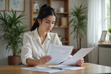 Femme lisant des documents de location dans un appartement lumineux