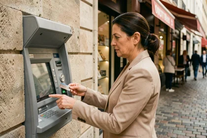 Femme utilisant un distributeur automatique de billets encastré dans un mur en pierre dans une rue européenne pavée