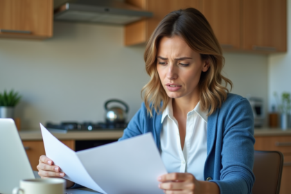 Femme en cuisine examinant des documents avec souci