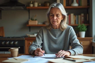 Femme de 45 ans consultant ses relevés bancaires et documents Pôle emploi à la table de sa cuisine