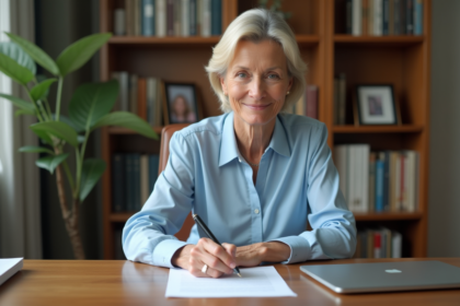 Femme écrivant une lettre dans un bureau à domicile chaleureux