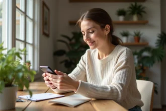 Femme souriante utilisant son smartphone pour entrer ses détails bancaires