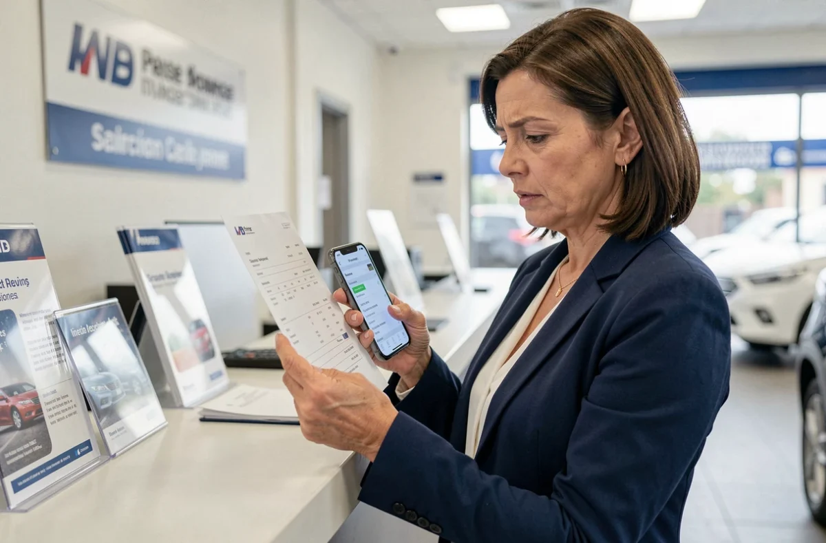 Femme dans un centre de contrôle automobile comparant une facture SGS à un prélèvement bancaire de 30 euros sur son téléphone