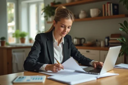 Femme d'âge moyen en tenue professionnelle examine des documents financiers à la maison