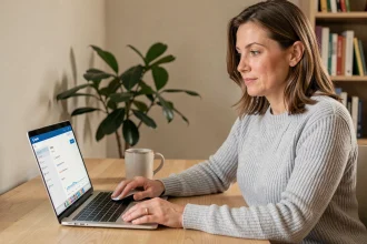 Femme utilisant l'espace client LCL sur ordinateur portable depuis son bureau à domicile