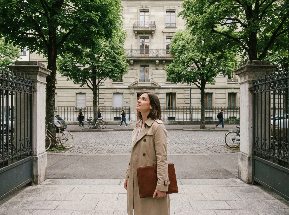 Jeune femme examine un immeuble genevois en extérieur