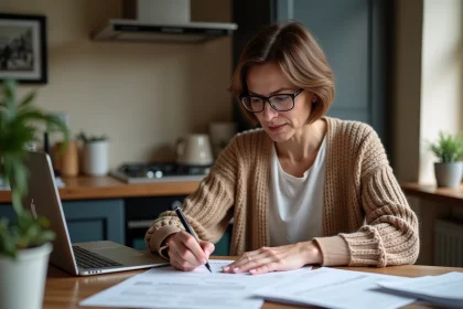 Femme d'âge moyen remplissant ses formulaires fiscaux à la maison