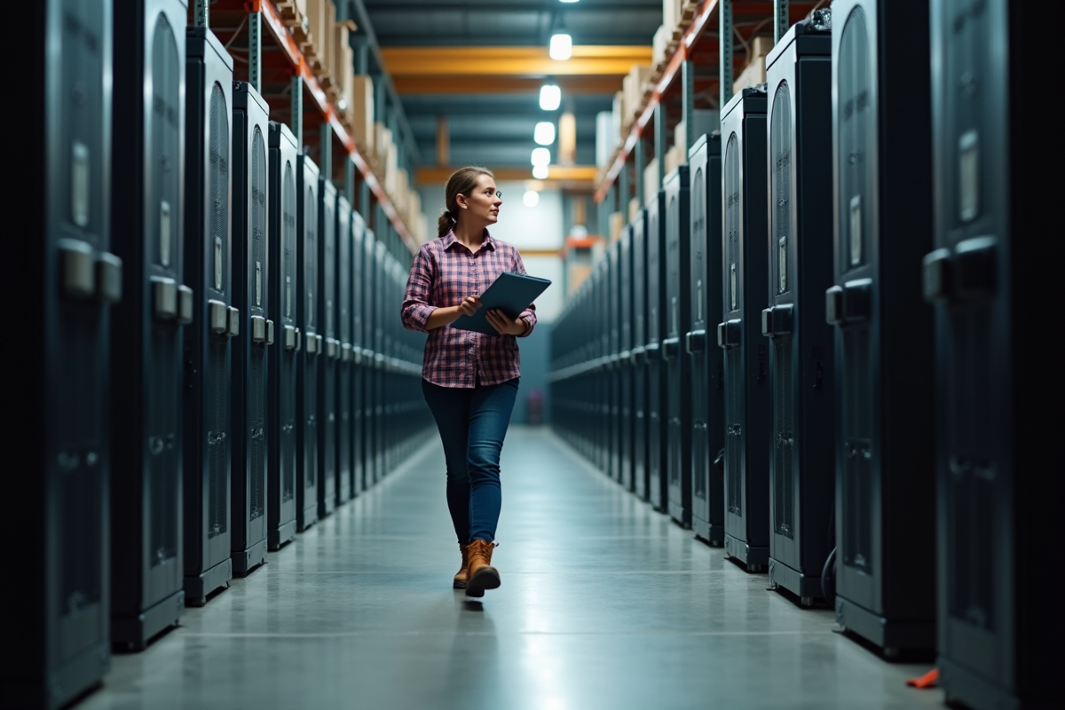 Femme inspectant rangées de rigs de minage bitcoin en entrepôt