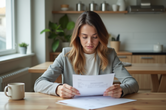 Femme en train de lire des papiers de prêt immobilier dans une cuisine moderne