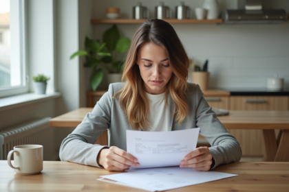 Femme en train de lire des papiers de prêt immobilier dans une cuisine moderne