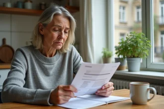 Femme consultant son livret A et ses relevés bancaires à la table de sa cuisine, réfléchissant à son épargne en 2026