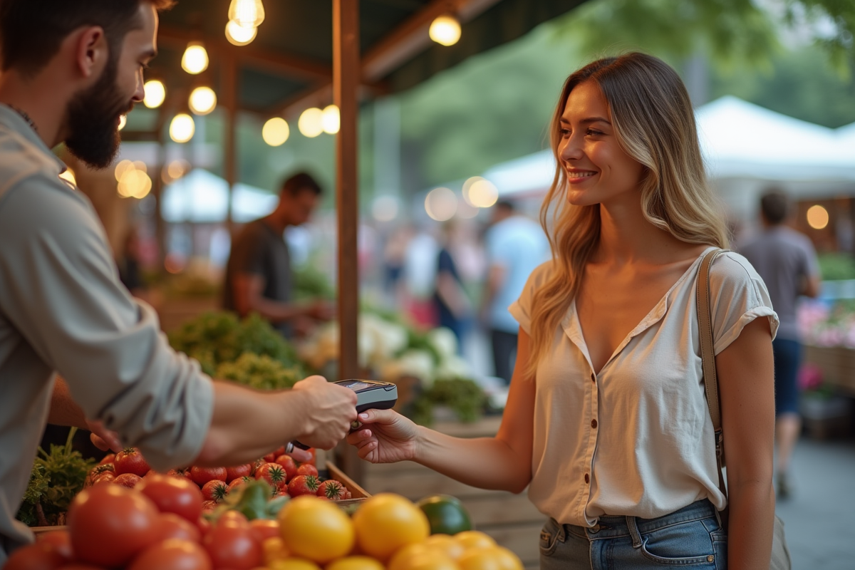 Jeune femme souriante payant au marché avec une carte