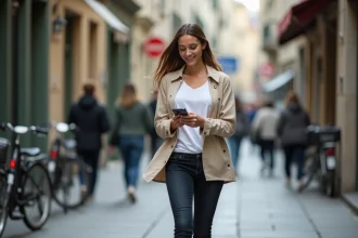 Femme qui marche en ville en regardant une application mobile pour gagner de l'argent en marchant