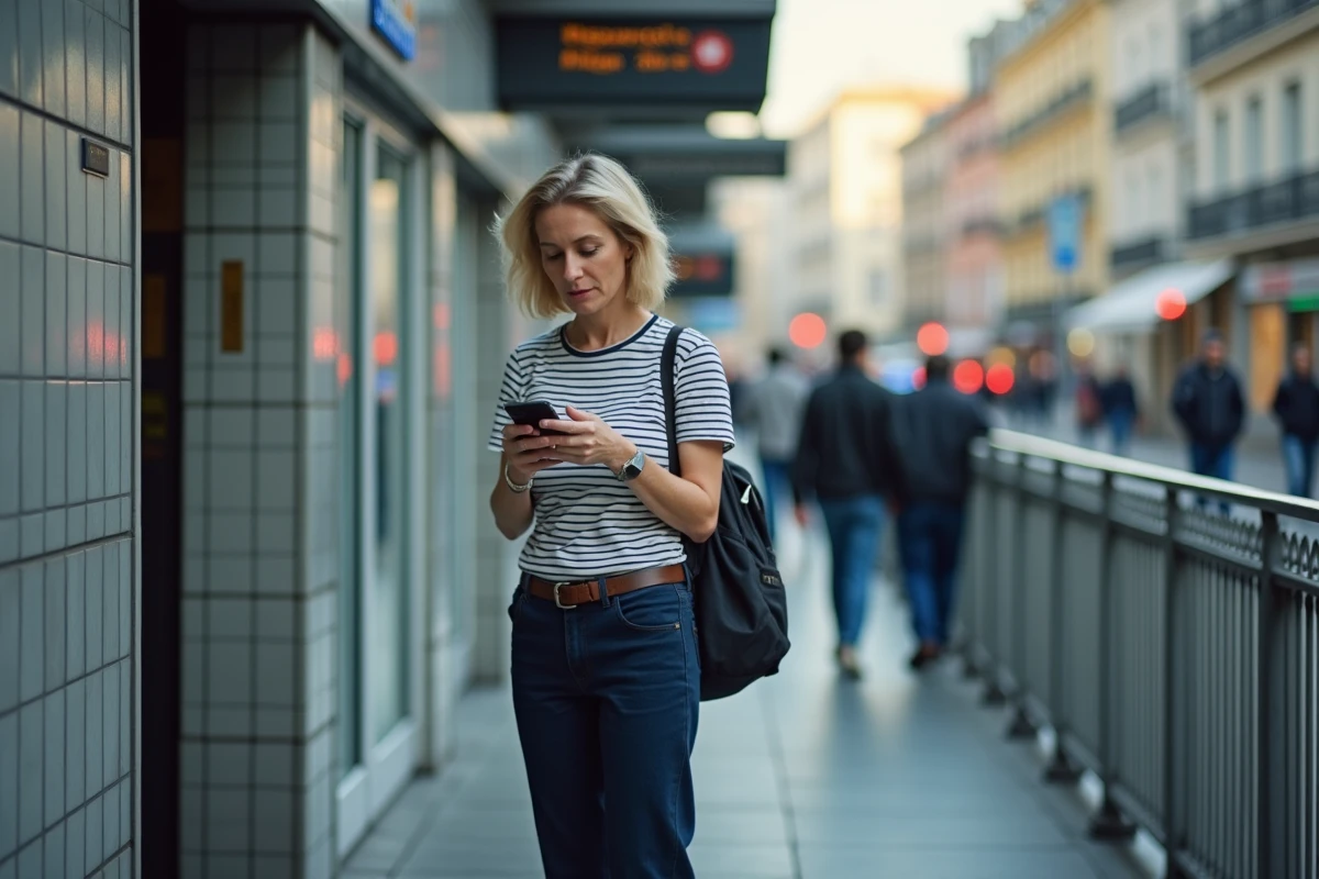 Femme devant une station de métro utilisant une application gratuite pour rentabiliser ses petits trajets quotidiens