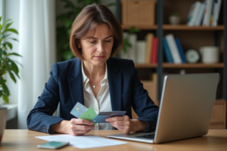 Femme d'âge moyen vérifiant ses cartes de crédit à son bureau