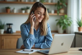 Jeune femme parlant au téléphone dans sa cuisine lumineuse