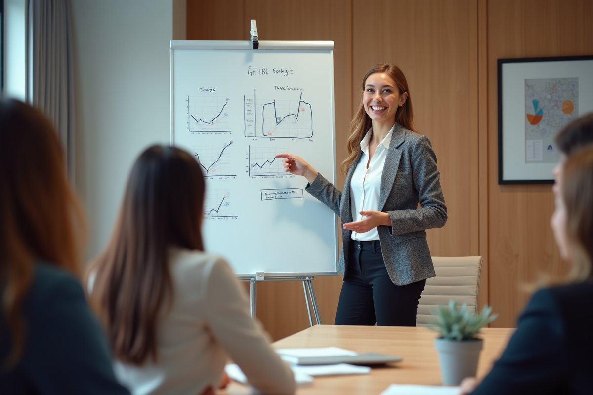 Jeune femme professionnelle présentant des chiffres de revenus en réunion