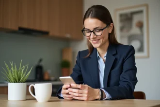 Femme d affaires utilisant son smartphone dans une cuisine moderne