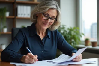 Femme retraitée en bureau lumineux et moderne