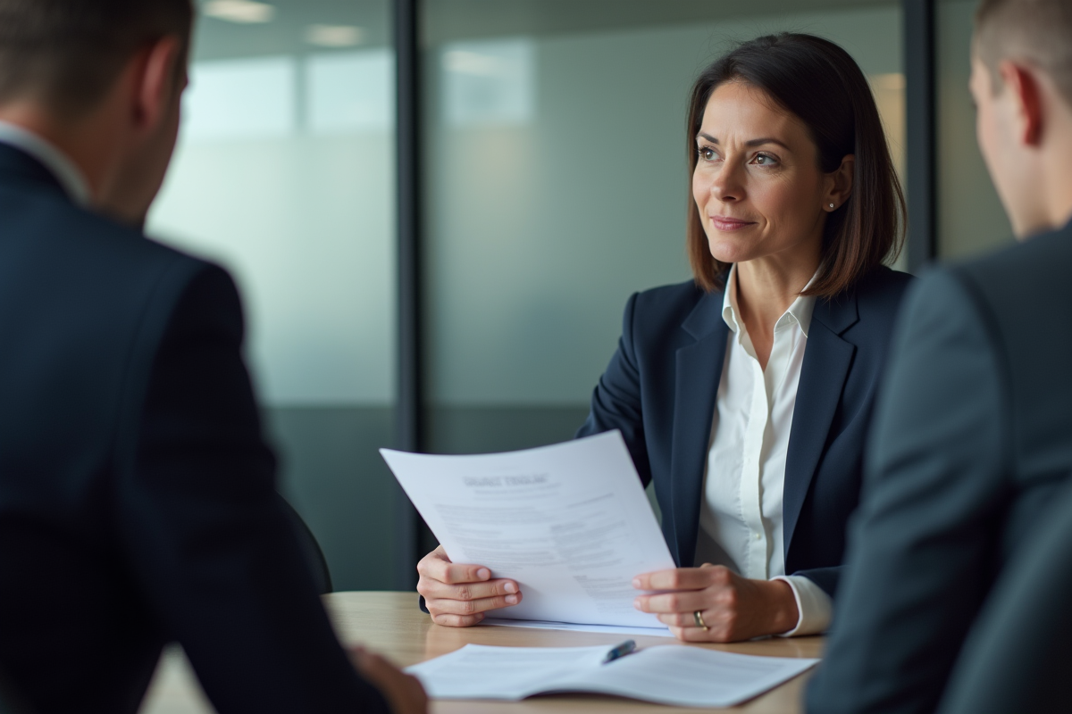 Femme professionnelle explique des documents en réunion