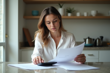 Femme en cuisine examine des documents de pret