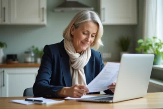 Femme d'âge moyen consulte ses relevés bancaires à la maison