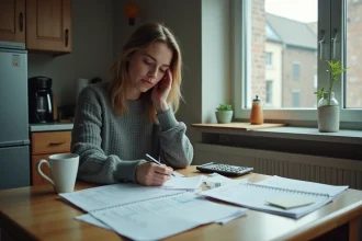 Femme seule à la table de cuisine révisant ses documents financiers et ses aides sociales RSA et APL