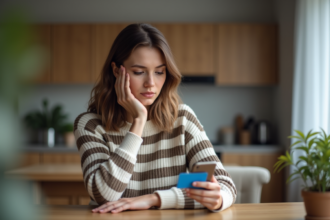 Femme avec carte bancaire et smartphone dans une cuisine moderne
